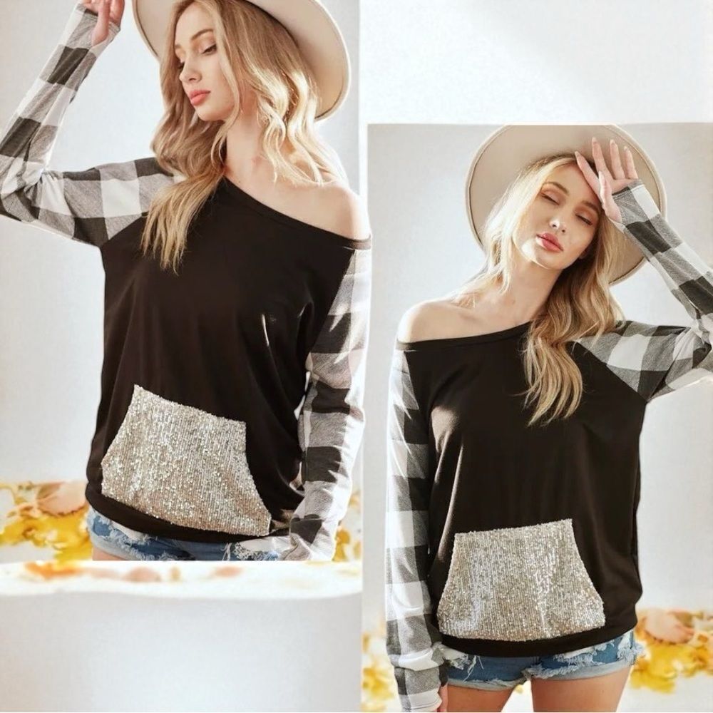 Black Plaid French Terry Top with Sequins Kangaroo Pocket NWT BiBi